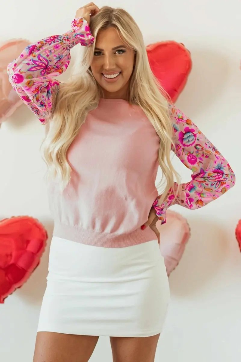 Oatmeal Floral Patchwork Smocked Long Sleeve Knit Top - Love Salve